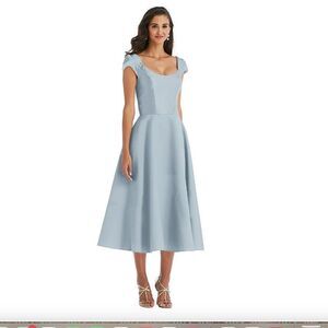 Alfred Sung  Puff Cap Sleeve Full Skirt Satin Midi Dress - D798 14 NWOT Mist